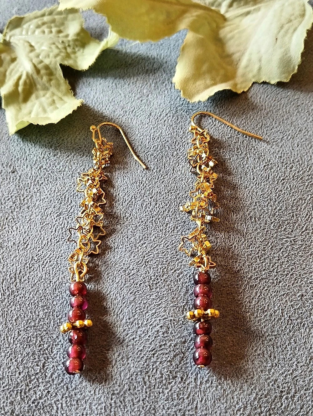 Garnet Bead Earrings With Gold Star Chain